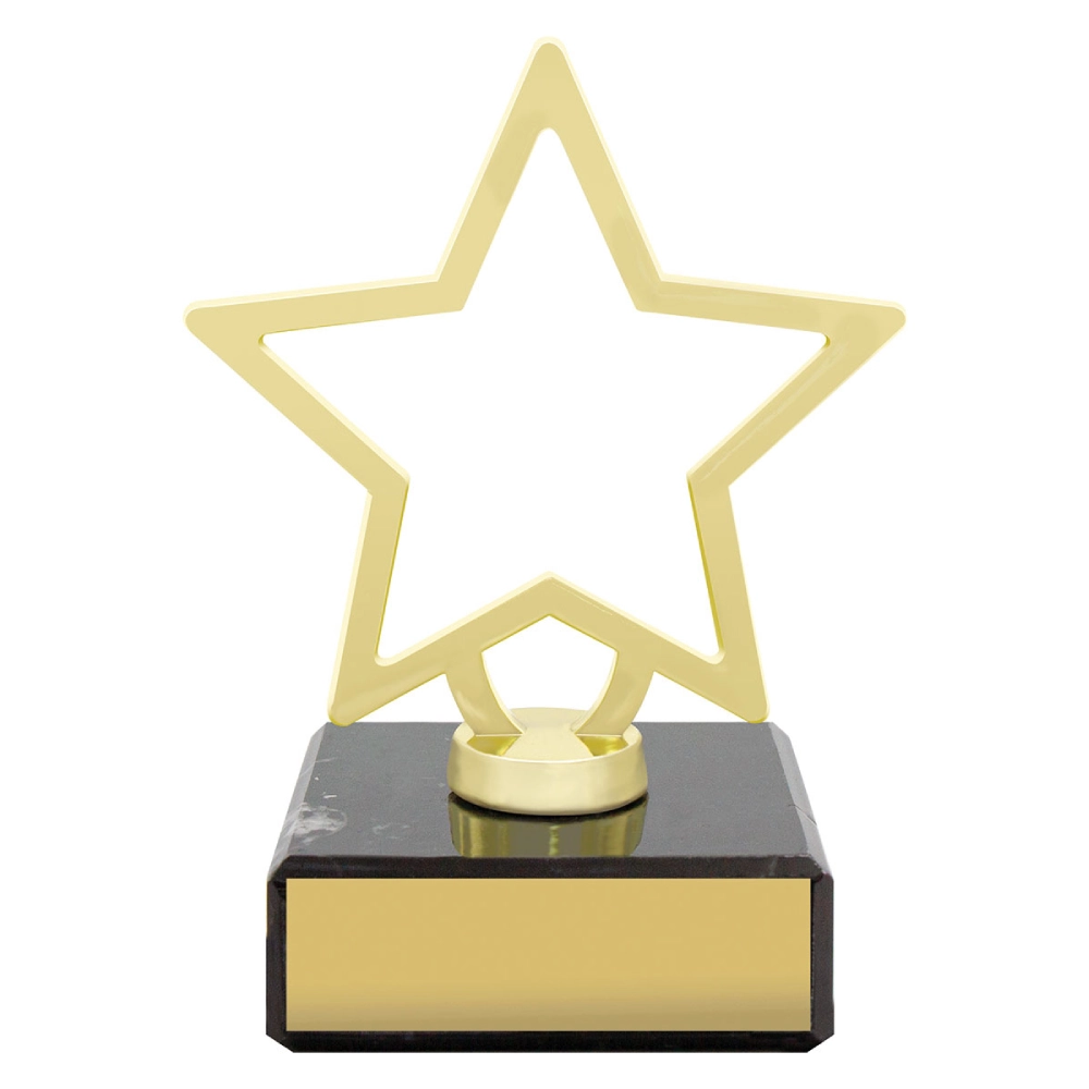 Gold outline star award on black marble base with engraved name plate