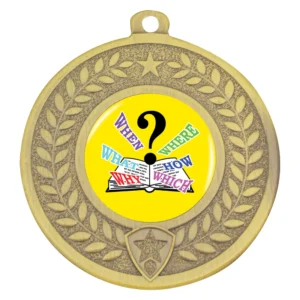 Gold medal with quiz theme insert holder, laurel wreath border and star detail