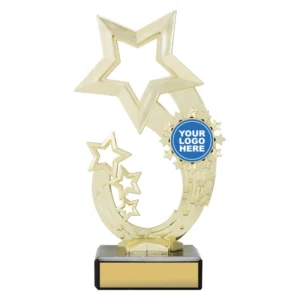Gold rising star trophy with curved star design and circular logo insert holder on black base