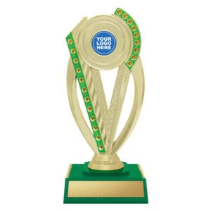 Small gold shield style trophy with green base and circular logo insert holder