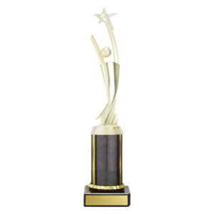 Medium gold shooting star trophy with rising star and sphere detail on engraved black base