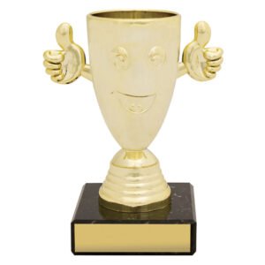 Gold smiley cup trophy with thumbs up handles on black marble base with engraved name plate