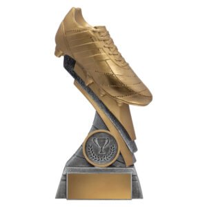 Small gold soccer boot trophy mounted on angled silver and gold panel design, front trophy emblem insert and gold engraving plate on stepped base.