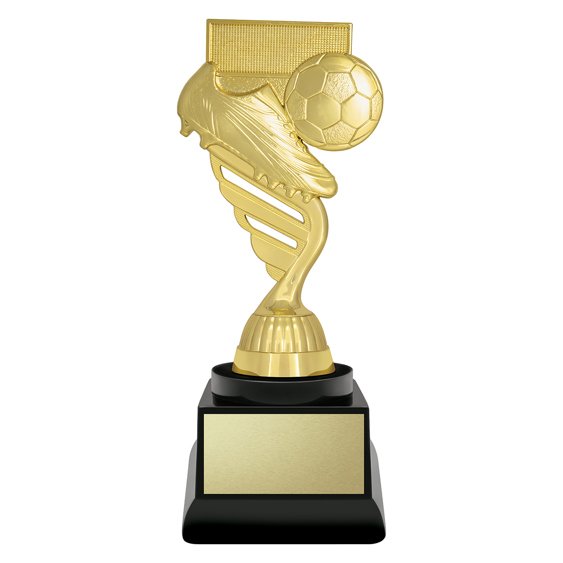 Large gold soccer trophy featuring raised football boot and ball design with curved stem detail, mounted on black base with gold engraving plate.
