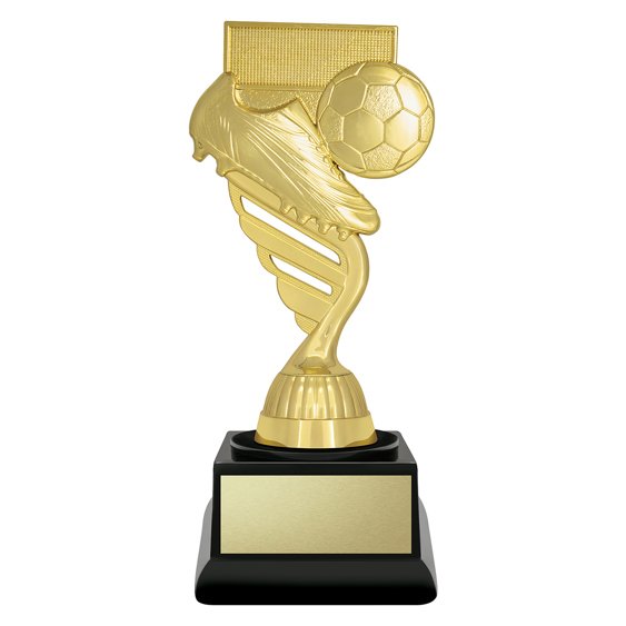 Medium gold soccer trophy featuring raised football boot and ball design with curved stem detail, mounted on black base with gold engraving plate.