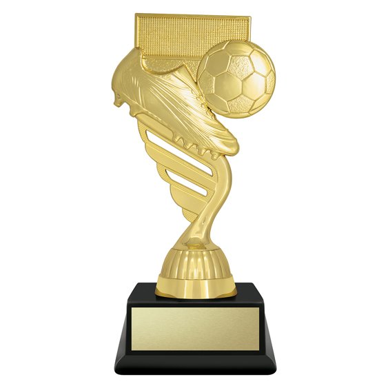 Small gold soccer trophy featuring raised football boot and ball design with curved stem detail, mounted on black base with gold engraving plate.