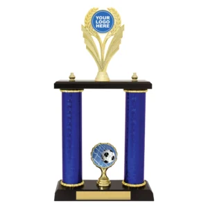 Blue and gold soccer column trophy with centre logo insert and black base