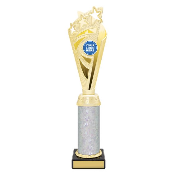 Extra large gold star burst trophy with holographic crystal style column on black base with blank engraving plate