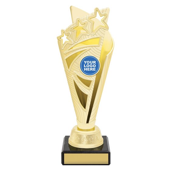 Extra small gold star burst trophy with holographic crystal style column on black base with blank engraving plate