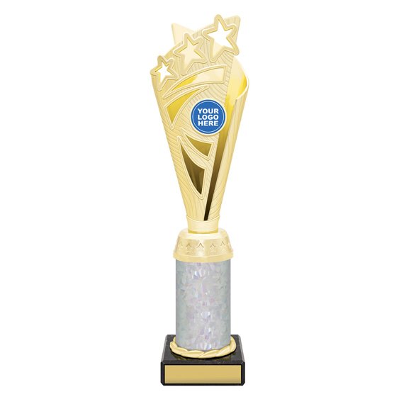 Large gold star burst trophy with holographic crystal style column on black base with blank engraving plate