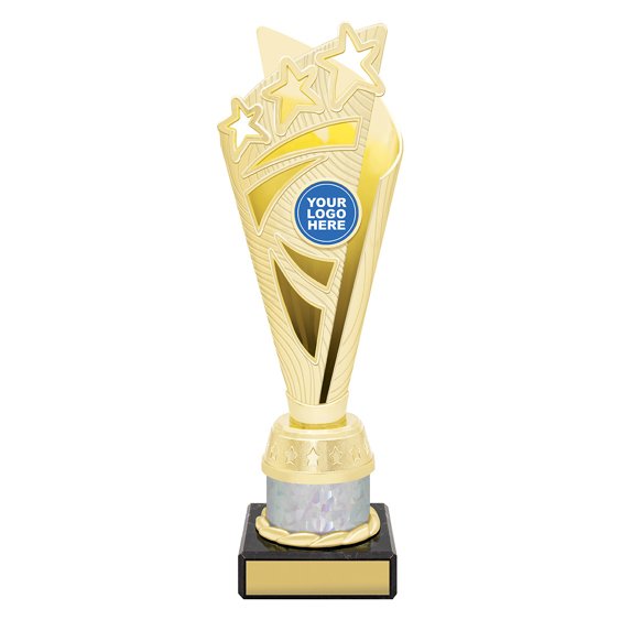 Small gold star burst trophy with holographic crystal style column on black base with blank engraving plate