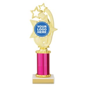 Medium gold star trophy topper with circular logo insert on red column and square base with engraving plate