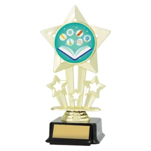 Gold star trophy with education theme insert, open book and school icons design, on black base with engraving plate