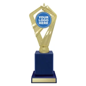 Medium gold star trophy with abstract angular design and blue centre logo insert on dark blue base with engraving plate