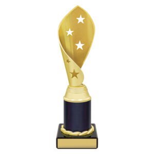 Medium gold star swirl trophy on dark column and black base with blank engraving plate