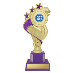 Small gold star trophy with purple base, swirl design and circular logo insert holder