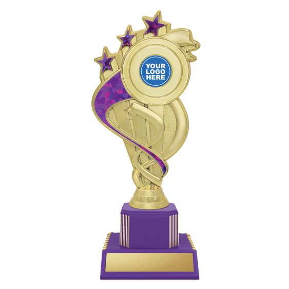 Small gold star trophy with purple base, swirl design and circular logo insert holder