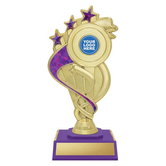 Medium gold star trophy with purple base, swirl design and circular logo insert holder