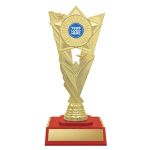 Small gold star trophy with red base and circular logo insert holder