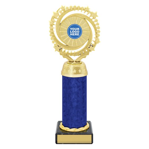 Extra large gold starburst trophy with circular star ring top, blue column centre and engraving plate on black base