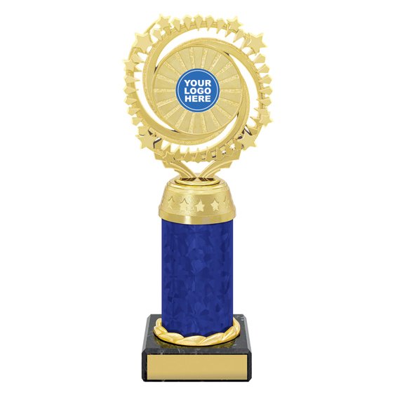 Large gold starburst trophy with circular star ring top, blue column centre and engraving plate on black base