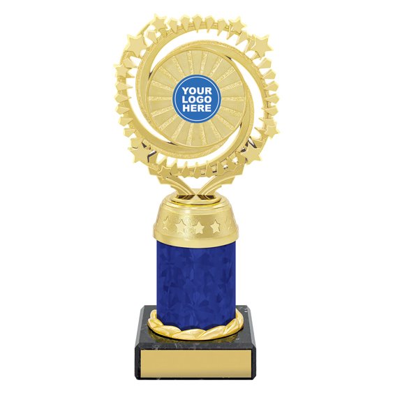Medium gold starburst trophy with circular star ring top, blue column centre and engraving plate on black base