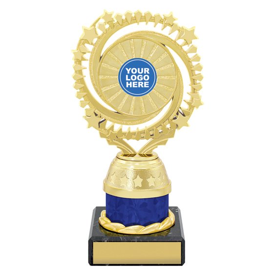 Small gold starburst trophy with circular star ring top, blue column centre and engraving plate on black base