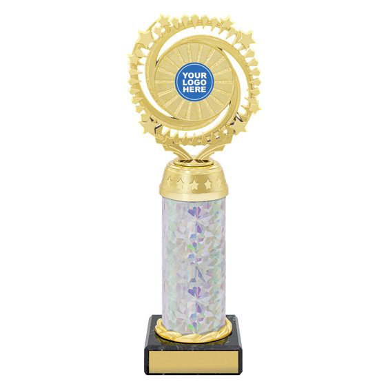 Extra large gold starburst trophy with circular star ring top, holographic column centre and engraving plate on black base