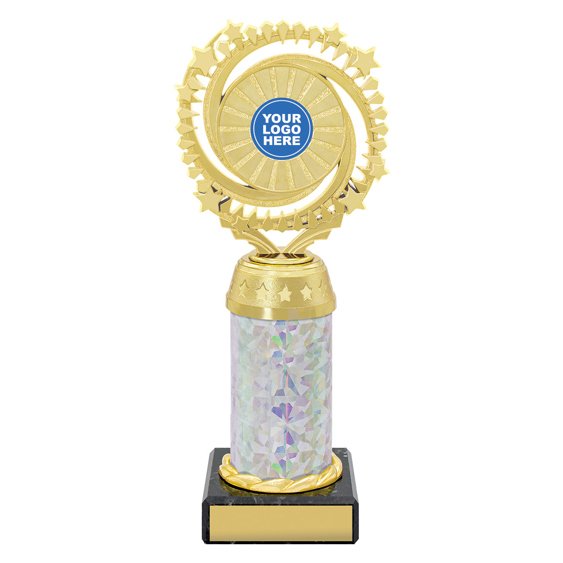 Large gold starburst trophy with circular star ring top, holographic column centre and engraving plate on black base
