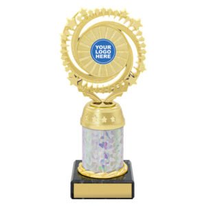 Medium gold starburst trophy with circular star ring top, holographic column centre and engraving plate on black base