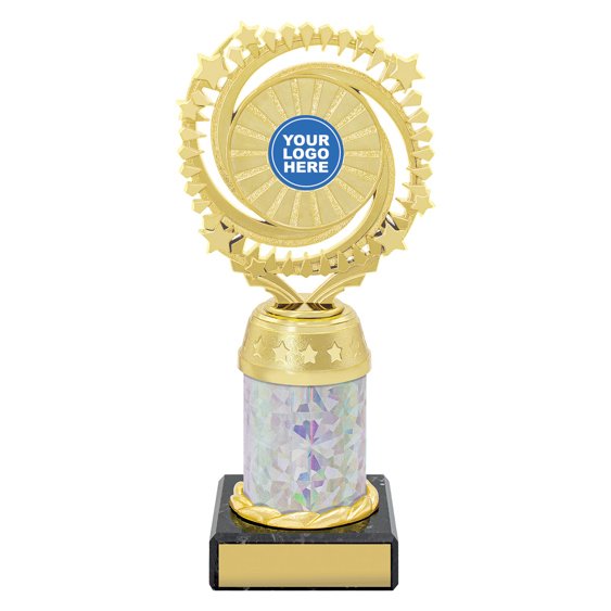 Medium gold starburst trophy with circular star ring top, holographic column centre and engraving plate on black base
