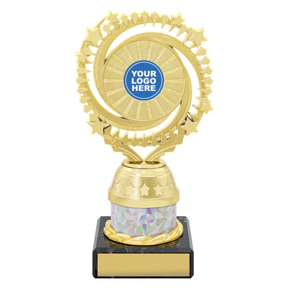 Small gold starburst trophy with circular star ring top, holographic column centre and engraving plate on black base