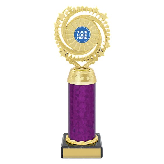 Extra large gold starburst trophy with circular star ring top, purple column centre and engraving plate on black base