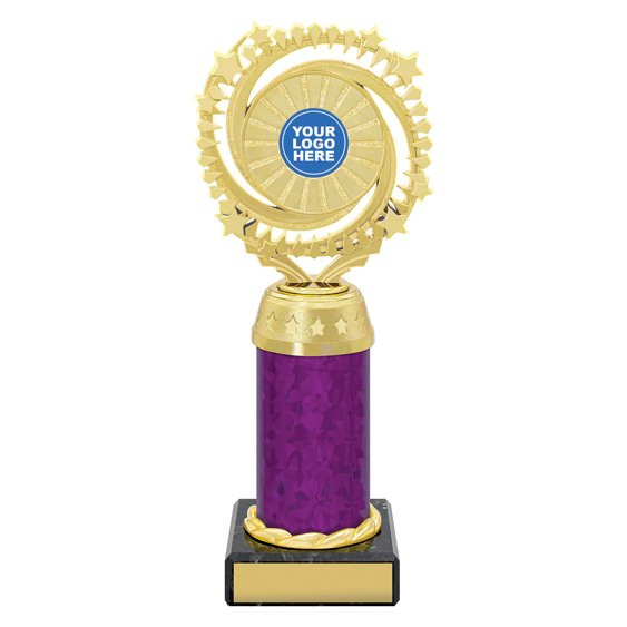 Large gold starburst trophy with circular star ring top, purple column centre and engraving plate on black base