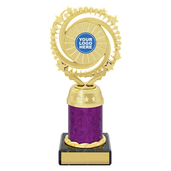 Medium gold starburst trophy with circular star ring top, purple column centre and engraving plate on black base
