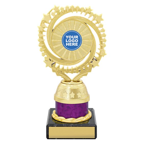 Small gold starburst trophy with circular star ring top, purple column centre and engraving plate on black base