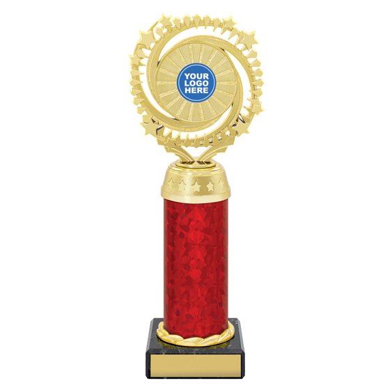 Extra large gold starburst trophy with circular star ring top, red column centre and engraving plate on black base