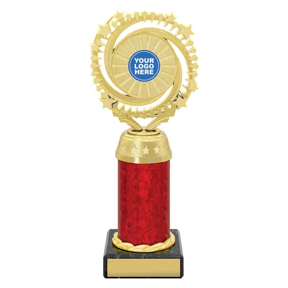 Large gold starburst trophy with circular star ring top, red column centre and engraving plate on black base