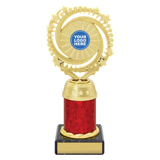 Medium gold starburst trophy with circular star ring top, red column centre and engraving plate on black base