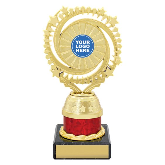 Small gold starburst trophy with circular star ring top, red column centre and engraving plate on black base