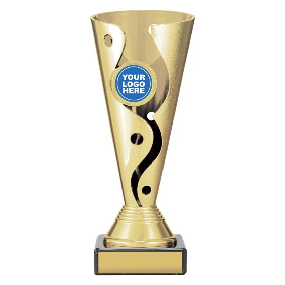 Large gold cup trophy with polished swirl cutout detail on black base with blank engraving plate