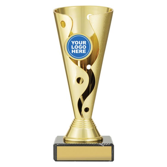 Medium gold cup trophy with polished swirl cutout detail on black base with blank engraving plate