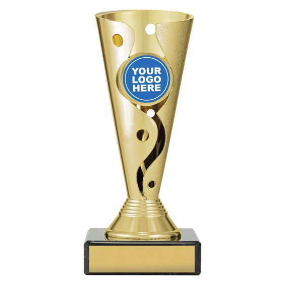 Small gold cup trophy with polished swirl cutout detail on black base with blank engraving plate