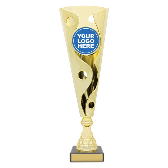 Extra small tall gold swirl cup trophy with circular logo insert on square base with blank engraving plate