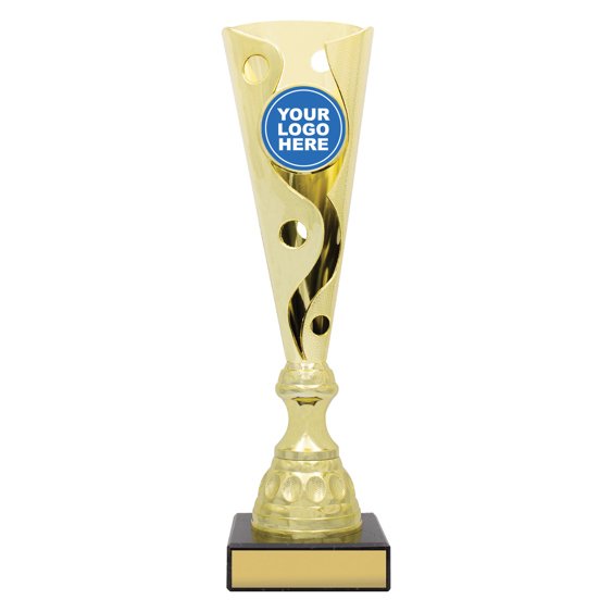Large tall gold swirl cup trophy with circular logo insert on square base with blank engraving plate