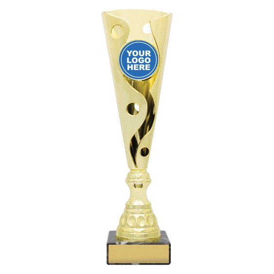 Medium tall gold swirl cup trophy with circular logo insert on square base with blank engraving plate