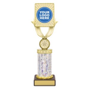 Large gold trophy with rectangular logo insert holder, star medallion detail and iridescent mosaic column on black base with gold engraving plate