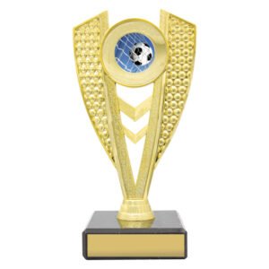 Gold V shaped soccer trophy with textured side panels, centre chevron detail and football logo insert on black base with gold engraving plate.