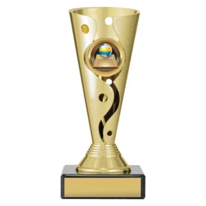 Small gold volleyball trophy cup with modern swirl design, volleyball insert and black base with engraving plate
