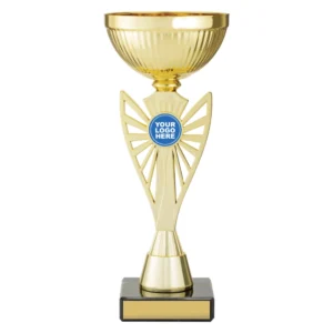 Gold metal cup trophy with ribbed bowl, winged stem design, logo insert holder and black marble base